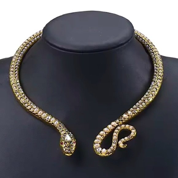 Vintage Pearl Snake Moissanita Stone Necklace Choker Viper Animal Jewelry - Picture 1 of 5